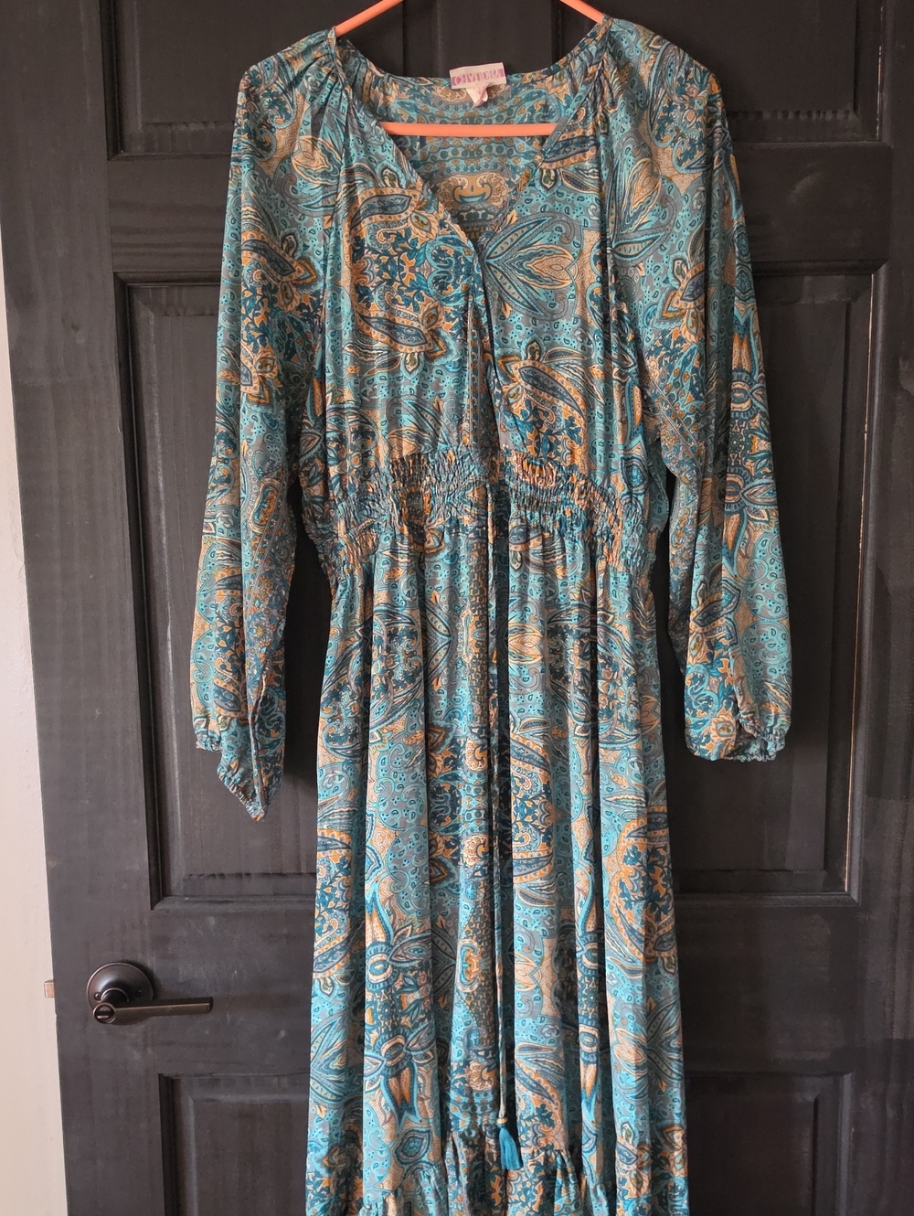Paisley Long Sleeve Maxi Dress in Teal and Tan
